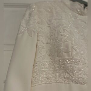 VTG 1980 Jovani Cream Beaded Bodice High Neck Empire Waist 3/4 Length Sz 4 Dress